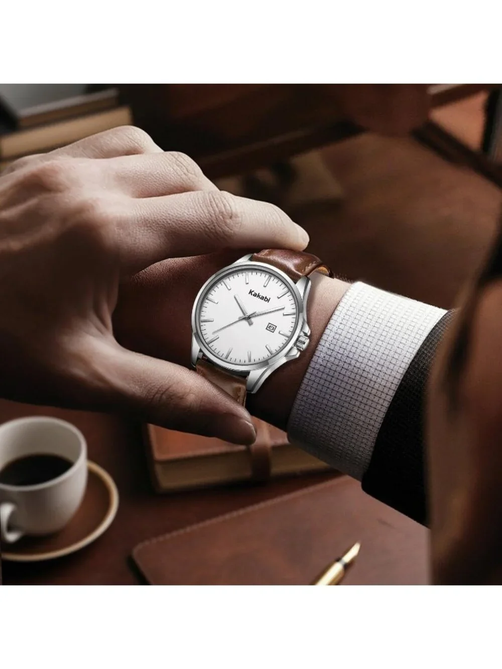 Men's Brown White Minimalist Fashion Leather Strap Classic Analog Quartz Watch